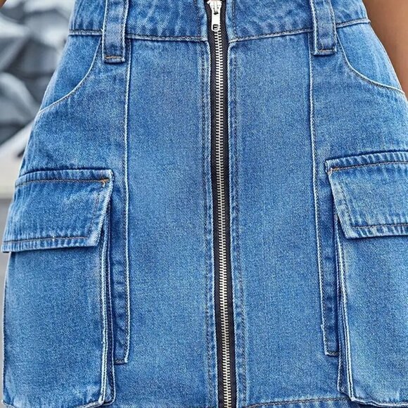 Mini Blue Flap Pocket Cargo Denim Skirt - Picture 2 of 5